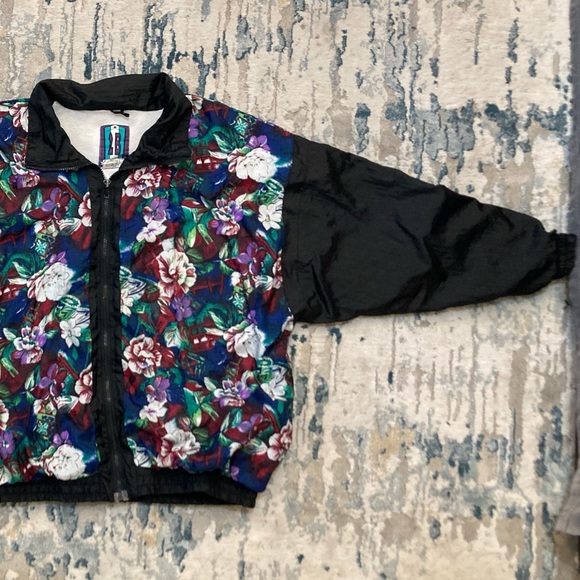 C01 2B Active 80s 90s Floral Windbreaker Bomber Jacket VTG Black Colorful Sz 1X - Picture 7 of 16